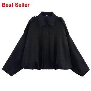 Faux Suede Bomber Jacket Oversized Lapel Pilot Coat